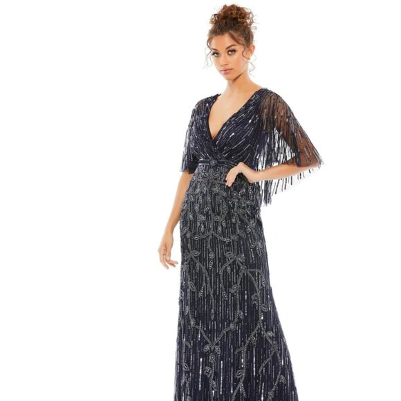 Mac Duggal 9064 Long Mother of the Bride Cape Dress Size 14 NWT